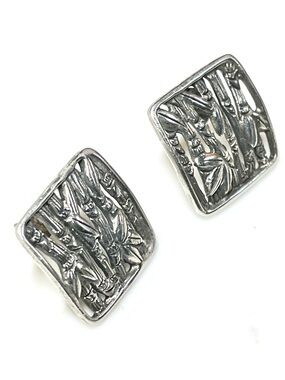 JCD 3/4" Square VTG 925 Sterling Pierced Earrings Cutwork Bamboo Stalks Posts